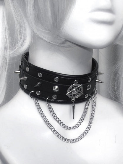 Black Stud Detail Punk PU Choker with Chain