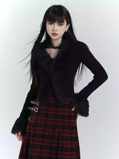 Gothic Black V-Neck Plush Trim Slim-fitting Knitted Sweater