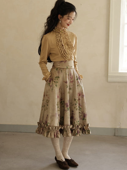 Vintage Purple Floral Print Ruffle Trim High Waist Skirt