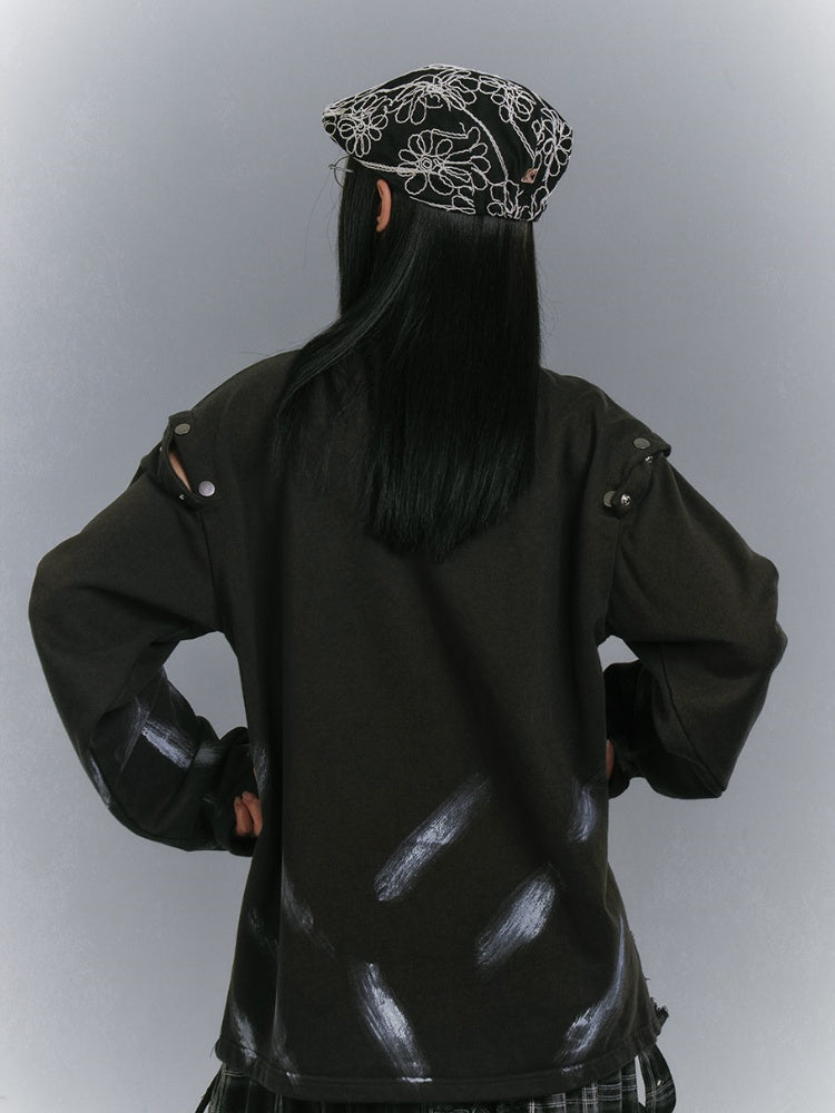 Applique Design Black Cutout Shoulder Faded Wash Distressed Sweatshirt