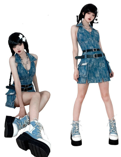 Star Appliques Punk Blue Denim Platform Ankle Boots