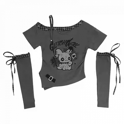 Red/Black Asymmetrical Neckline Bunny Print Y2K T-Shirt with Free Armwear
