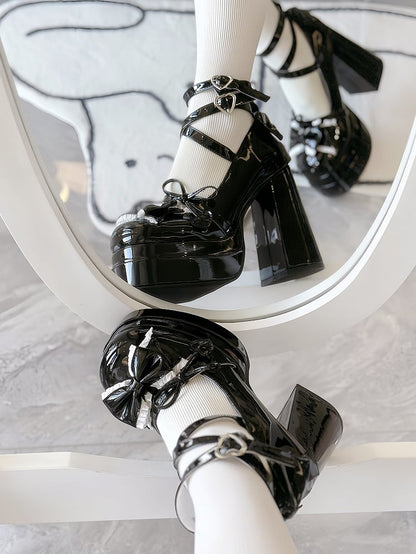 Black Lace Trim Bow at Top Heart Buckles Crisscross Design Platform High Block Heels
