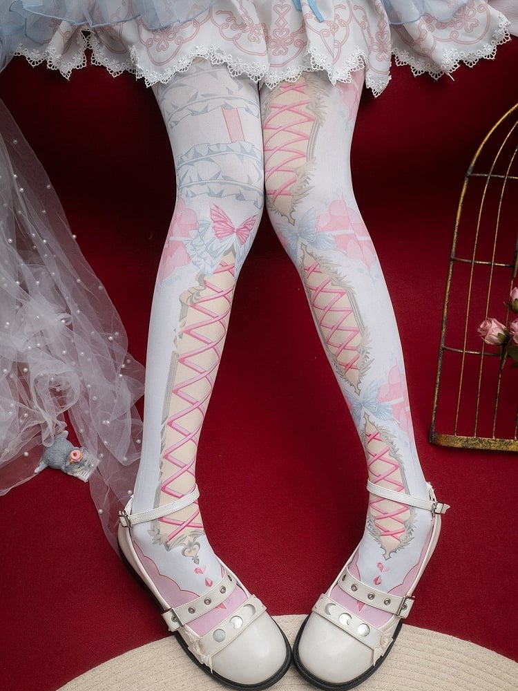 Pink/Blue/Black/Yellow/Red Asymmetrical Crisscorss Banded And Butterfly Print Tights