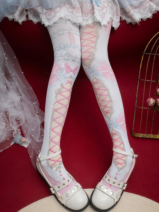 Pink/Blue/Black/Yellow/Red Asymmetrical Crisscorss Banded And Butterfly Print Tights