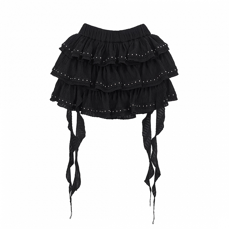 Black Cascading Ruffles Stud Details Balletcore Tiered Skirt