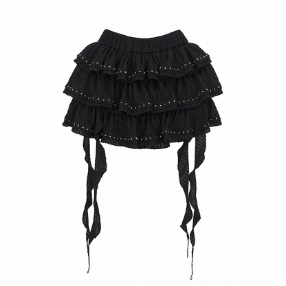 Black Cascading Ruffles Stud Details Balletcore Tiered Skirt