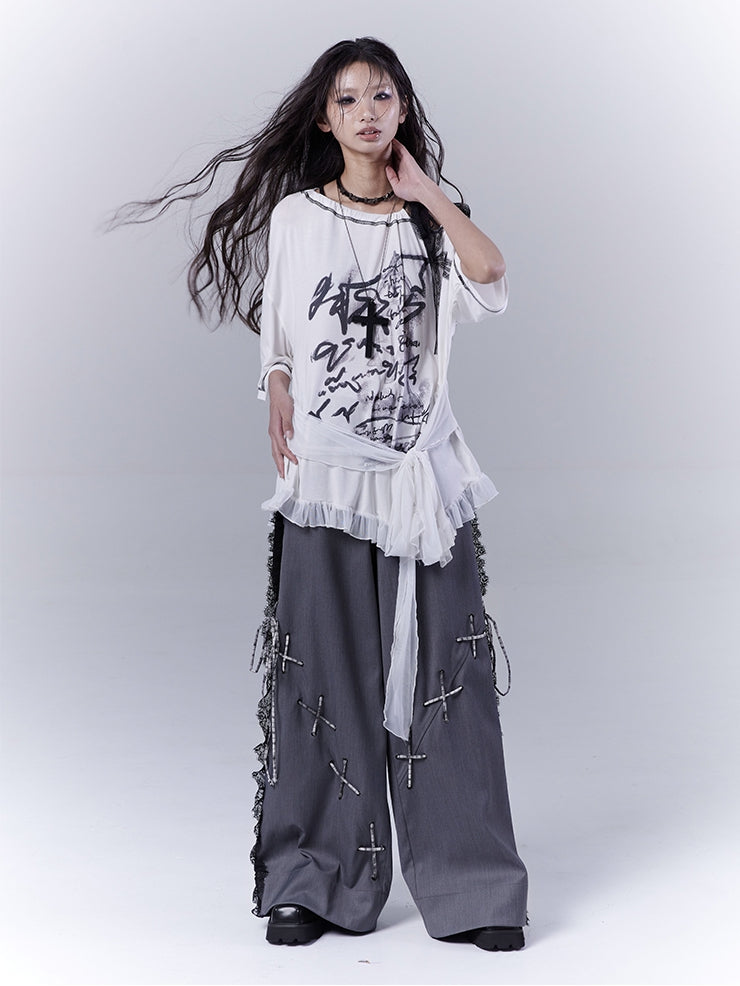 Dark Gray Lace Patches Side Casual Pants with Lace-up Details