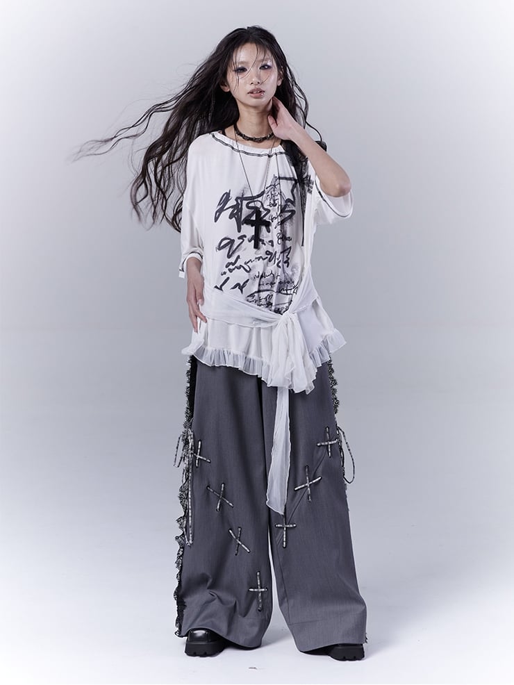 White Asymmetrical Neckline Ruffle Hem Graphic T-Shirt with Self-tie Strap Waist