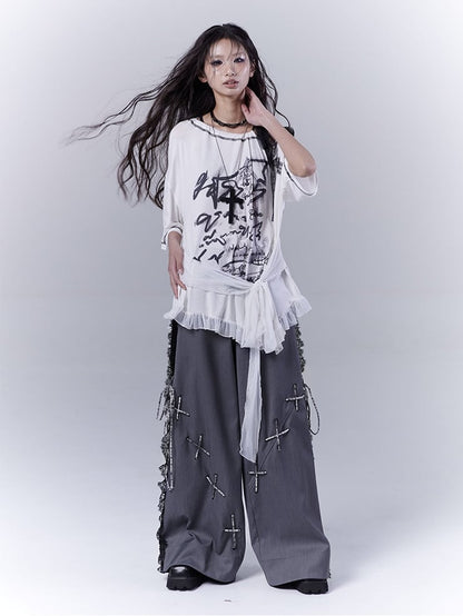 White Asymmetrical Neckline Ruffle Hem Graphic T-Shirt with Self-tie Strap Waist