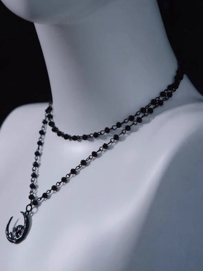 Gothic Moon Pendant Black Double Layers Beads Necklace