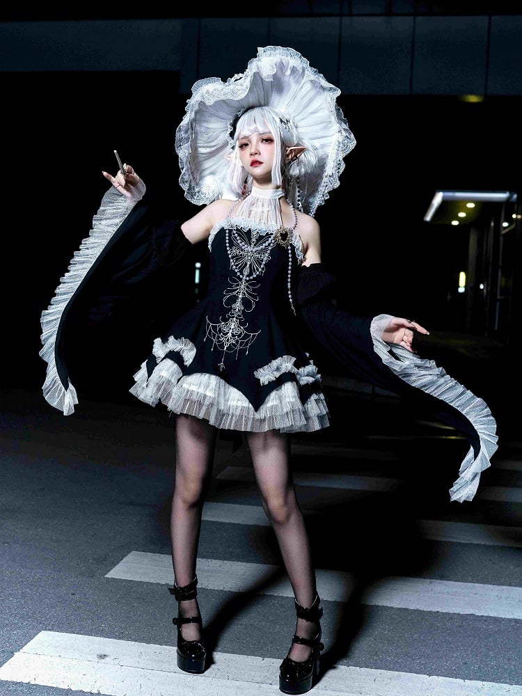 Black Cross Illusion Halter Neck Witch Lolita Backless Dress Gothic JSK Halloween Outfit