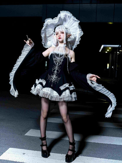 Black Cross Illusion Halter Neck Witch Lolita Backless Dress Gothic JSK Halloween Outfit