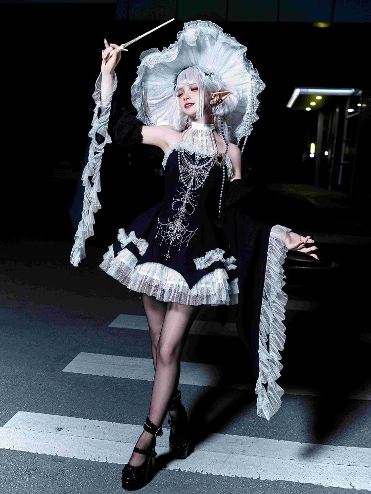 Black Cross Illusion Halter Neck Witch Lolita Backless Dress Gothic JSK Halloween Outfit