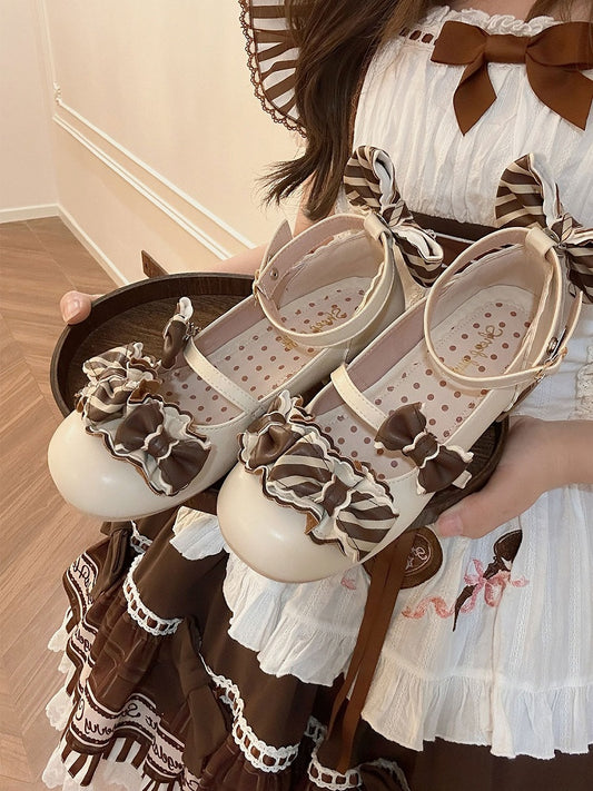 Beige&Brown Striped Pattern Bowknot Details Heart Buckle Lolita Shoes