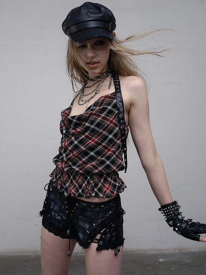 Black&Red Wasteland Punk Glamorous Cowl Neckline Ruffles Trim Plaid Pattern Halter Neck Top