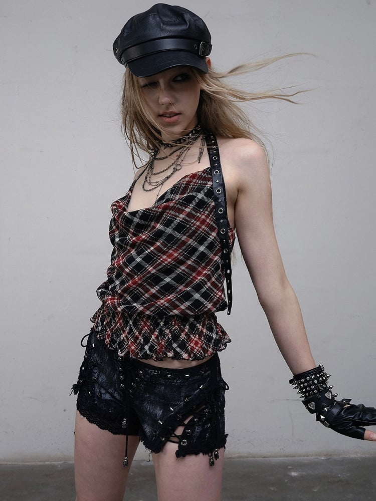 Black&Red Wasteland Punk Glamorous Cowl Neckline Ruffles Trim Plaid Pattern Halter Neck Top