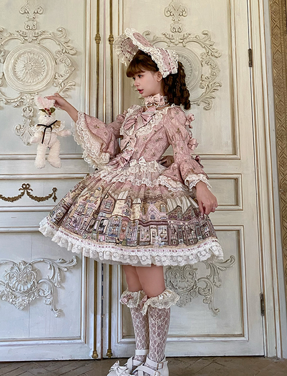 Fairytale Town Theme Pink Square Neckline Sweet Lolita Dress with Bow Accents