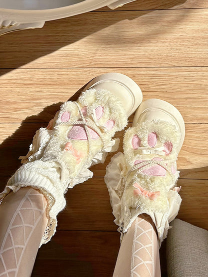 Creamy Yellow Plush Kitty Claw Crisscross Design Platform Ankle Boots