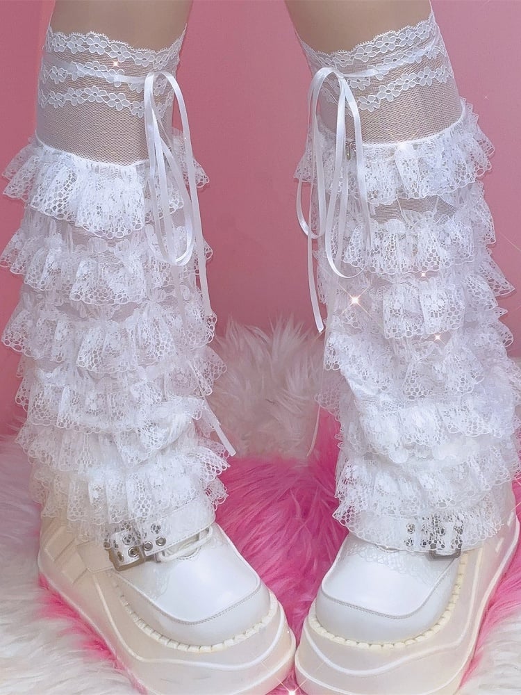 White Lace Floral Pattern Bowknot Details Semi-sheer Leg Sleeves With Self-tie Straps