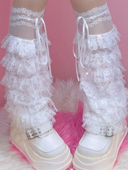 White Lace Floral Pattern Bowknot Details Semi-sheer Leg Sleeves With Self-tie Straps