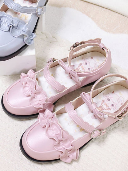 Pink Ruffles Trim Bowknot Decorated Heart Buckles Lolita Shoes