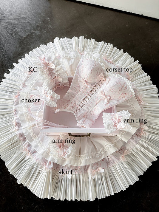 Pink & White Sweet Lolita Floral-Print Corset Top + Skirt + Choker + Arm Rings + KC Full Set