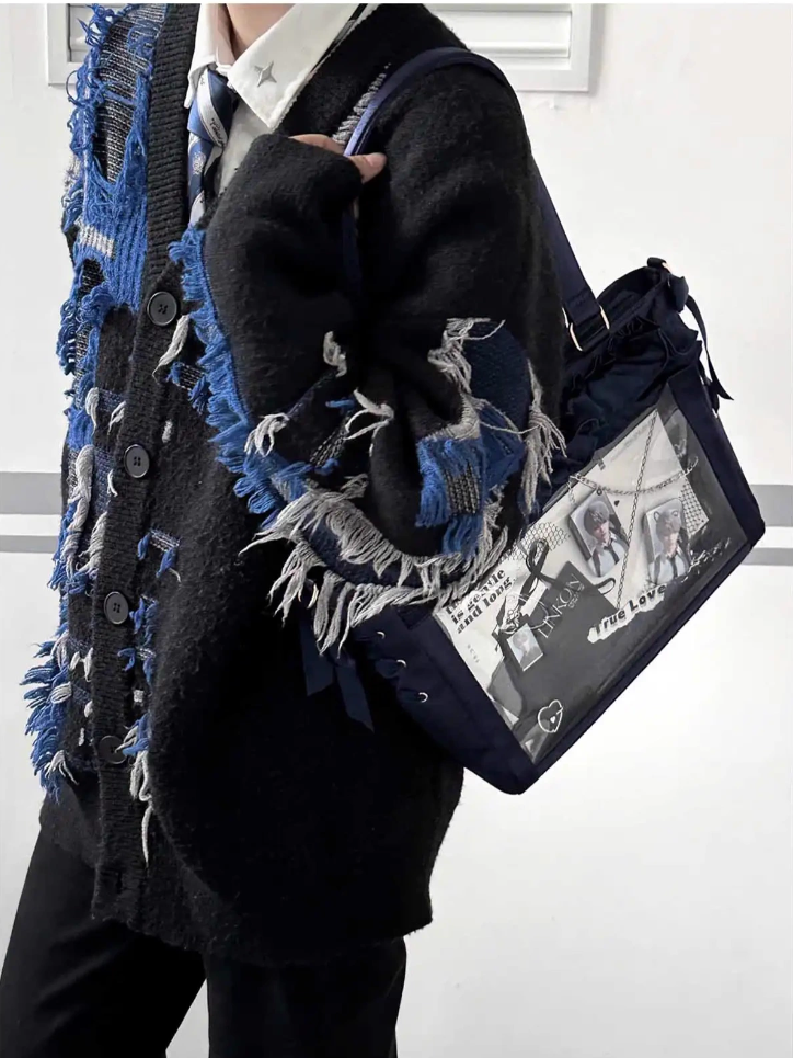 Dark Blue Satin Ruffle Trims Self-tie Straps Ita Bag With Bow Card Holder