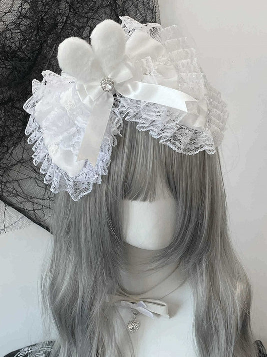 3 Color Options Lace Trim Rhinestone Decorated Detachable Plush Bunny Ear Bowknot KC