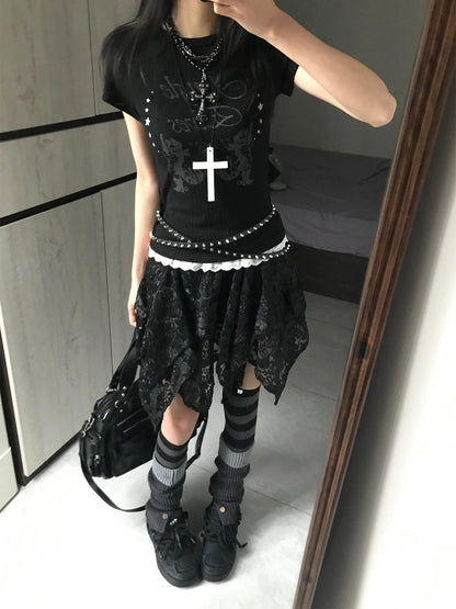 Black Alt Everyday T-shirt with Lace Trim