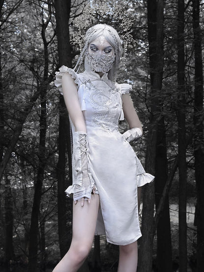 Silver Dragon Embroidery Cheongsam Style Goth Qipao Dress