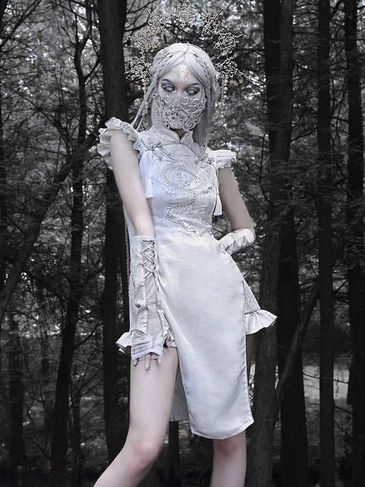 Silver Dragon Embroidery Cheongsam Style Goth Qipao Dress