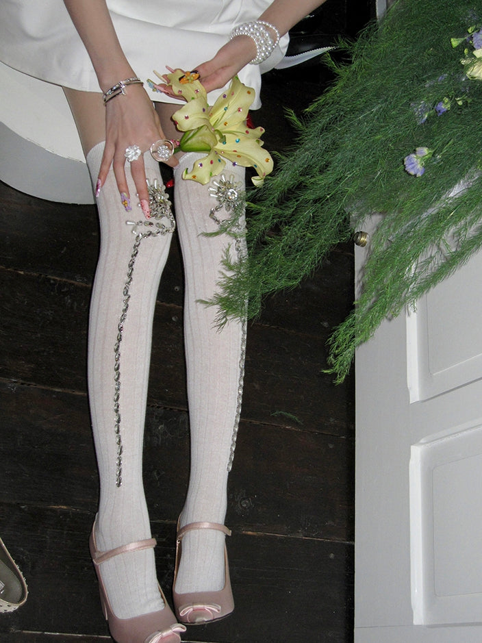 Pink/White Rhinestone Floral Decorated Over-knee Stockings