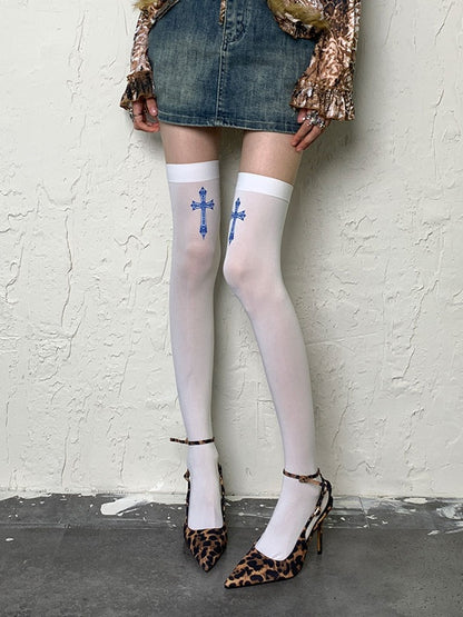 Black/White Y2K Cross Print Overknee Stockings