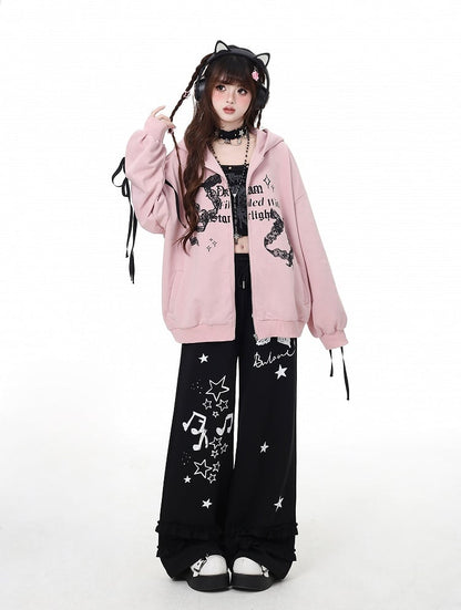 Black/Light Gray Bow and Star Print Vintage Wide-Leg Pants