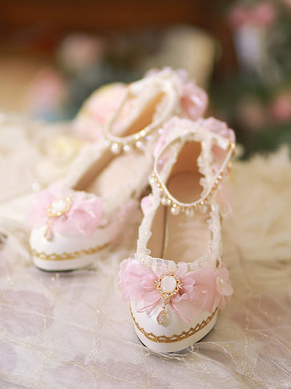 White & Pink Floral and Bow Accent 5CM/6CM/8CM Hime Lolita Block Heels