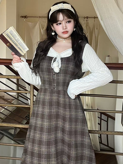 Plus Size Brown High Waist Plaid Pattern Woolen Overall Dress