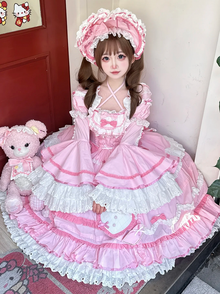 Clearance-Size M for Bust 88-103CM Pink Gorgeous Old School Princess Lolita Cotton Dress+ Sleeves