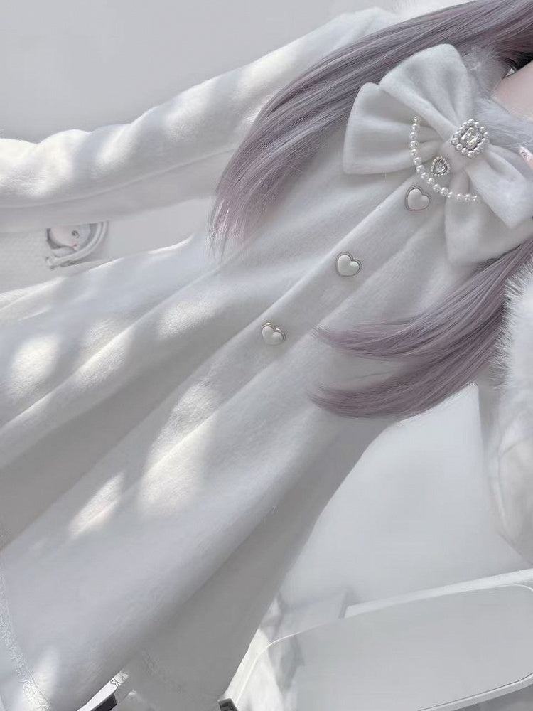 Jirai Kei White Wool Blend Coat with Detachable Bunny Hood | A-Line Winter Style