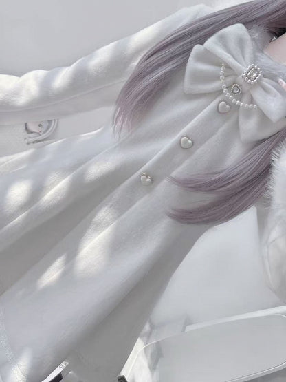 Jirai Kei White Wool Blend Coat with Detachable Bunny Hood | A-Line Winter Style