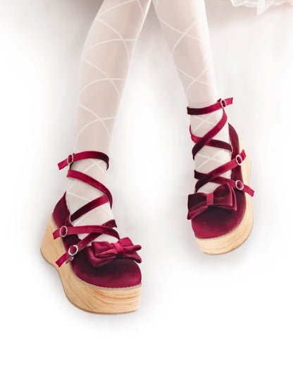 Velvet Wine Red Sweet Lolita Platform Mary Janes - Bow Accents & Crisscross Straps