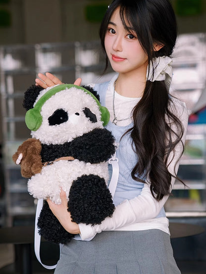 Cute Curly Plush Panda Black&White Backpack/Crossbody Bag+ Keychain