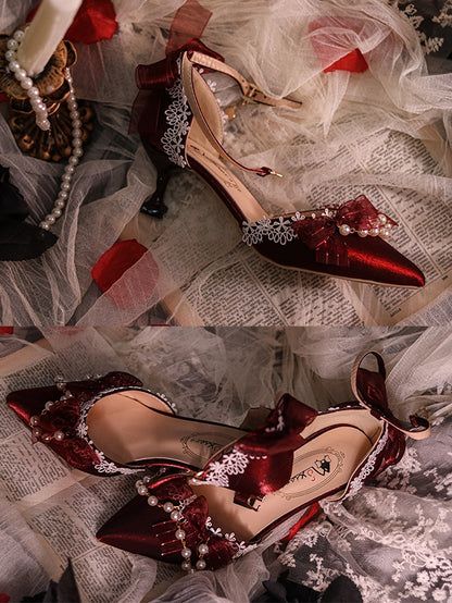 Wine Red Beaded Chain Pointed Toe Hime Lolita Middle Heels