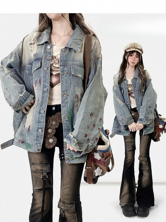 Light Blue Print Design Distressed Holes Details Denim Jacket
