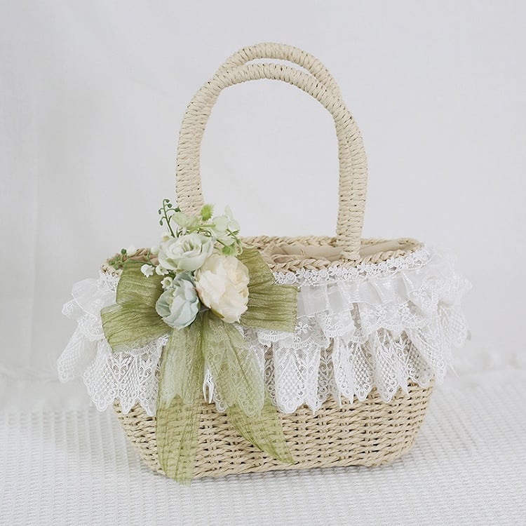 Fresh Lolita Floral Bowknot Lace Trimmed Straw Handbag