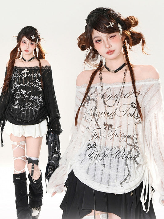 Off-the-shoulder Neckline Bowknot Print Black/White Semi-sheer Coverup