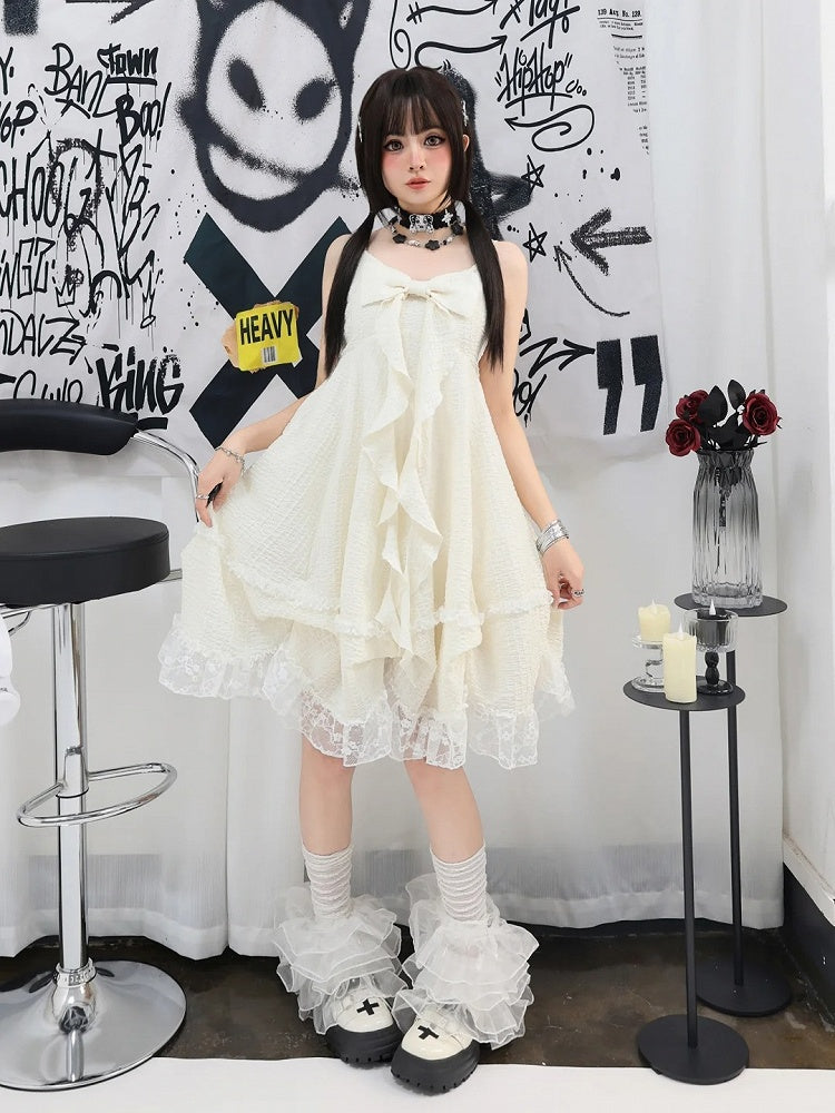 Apricot Big Bow Neckline Lace Trim Cami Dress Bubble Skirt