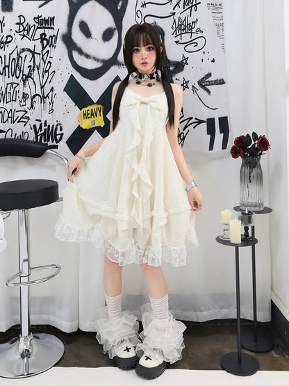 Apricot Big Bow Neckline Lace Trim Cami Dress Bubble Skirt