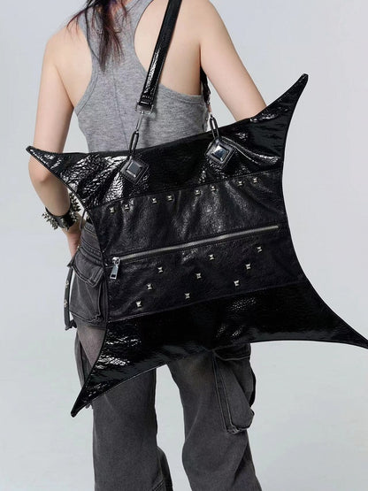 Gothic Punk Studs Black Four-pointed Star Large Capacity PU Bag