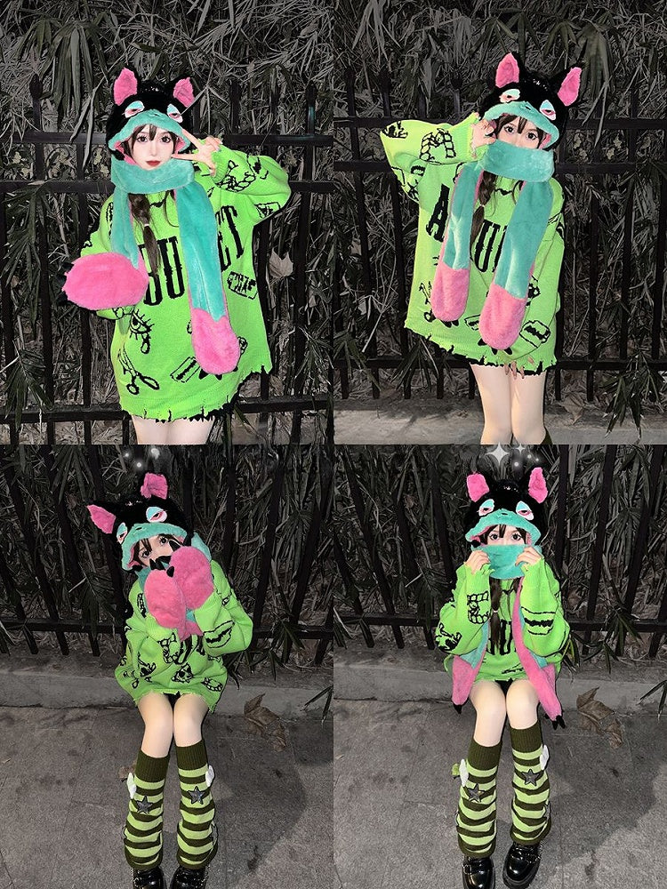 Black Pink and Green Cat Gothic Winter Plush Hat with Scarf Gloves